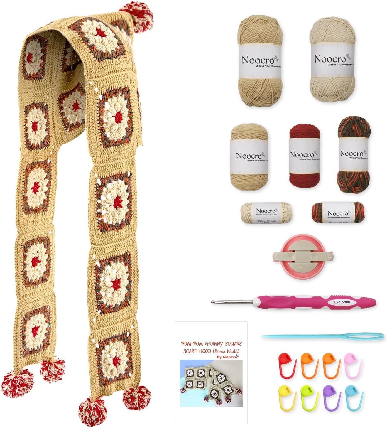Granny square crochet kit product view 2 for Pom-Pom Granny Square Scarf Hood Crochet Kit, with Woolique craft details