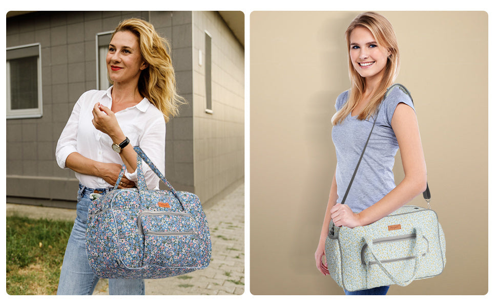Models demonstrating two ways to carry the Woolique bag for crochet: as a handheld tote and a crossbody shoulder bag
