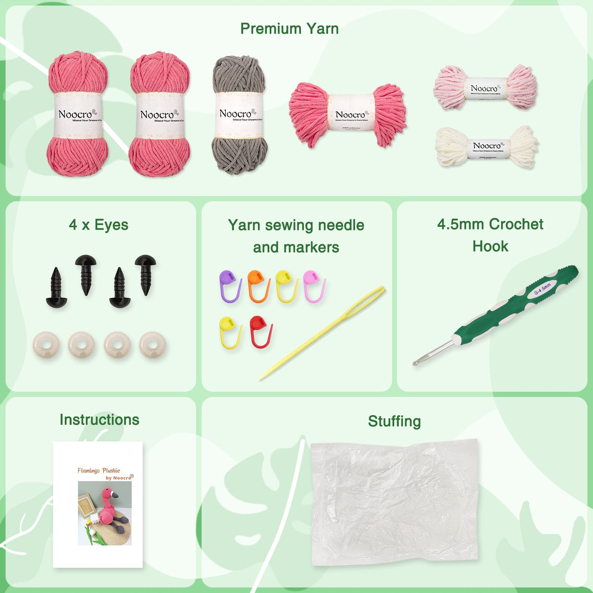 Flamingo amigurumi crochet kit contents including yarn, safety eyes, crochet hook, markers, yarn needle, stuffing and instruction booklet