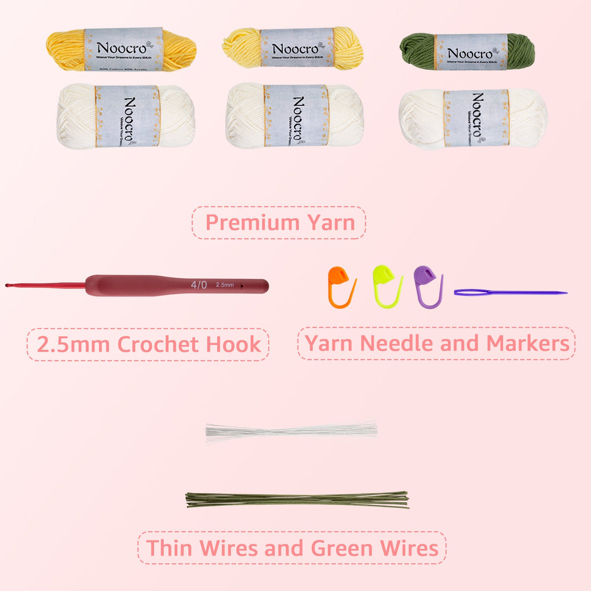 Orchid crochet kit materials: premium yarn in white and yellow, 2.5mm crochet hook, floral wires, and tools