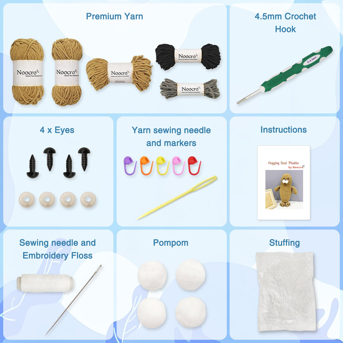Included materials in Hugging Seal crochet starter kit showing premium yarn, 4.5mm hook, eyes, stuffing, and instructions