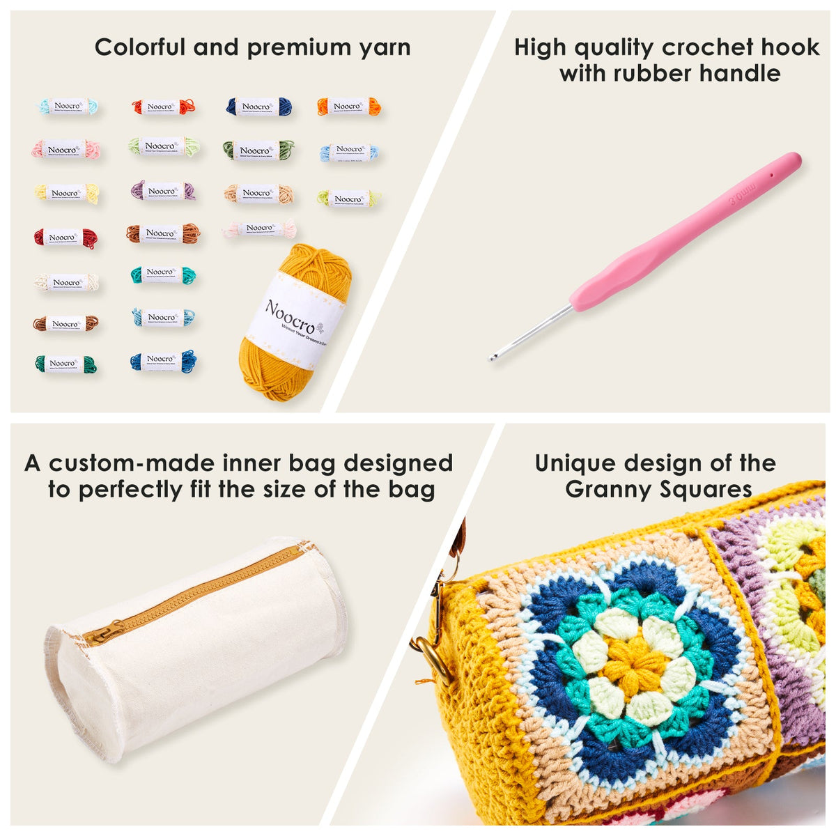 Crochet purse kit product view 5 for Cylindrical Bucket Bag Crochet Kit, with Woolique craft details