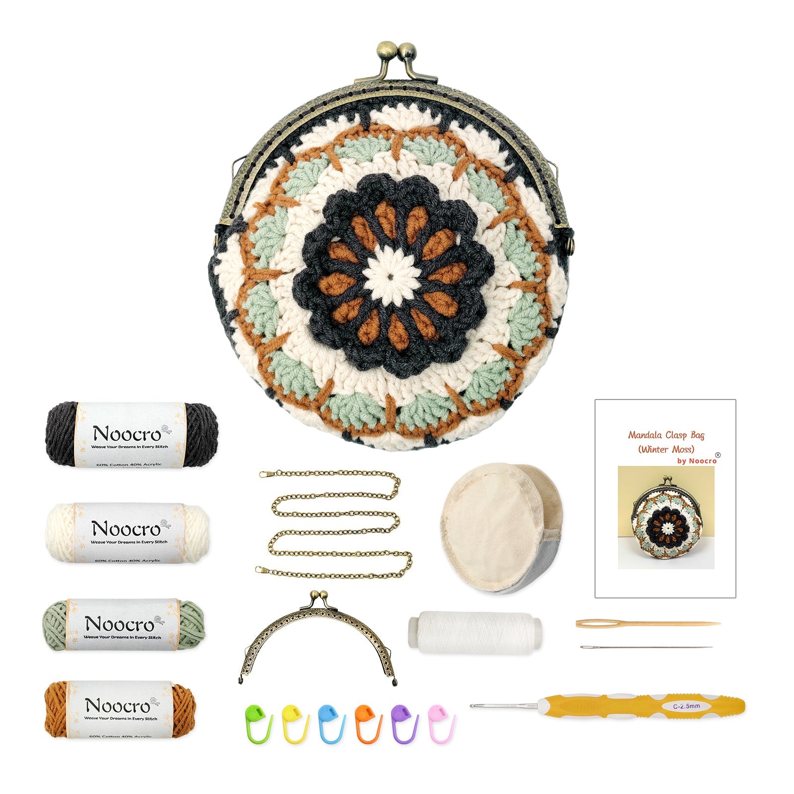 Complete DIY crochet kit for 'Winter Moss' Mandala coin purse, including finished sample, yarn, metal kiss clasp, chain, and lining
