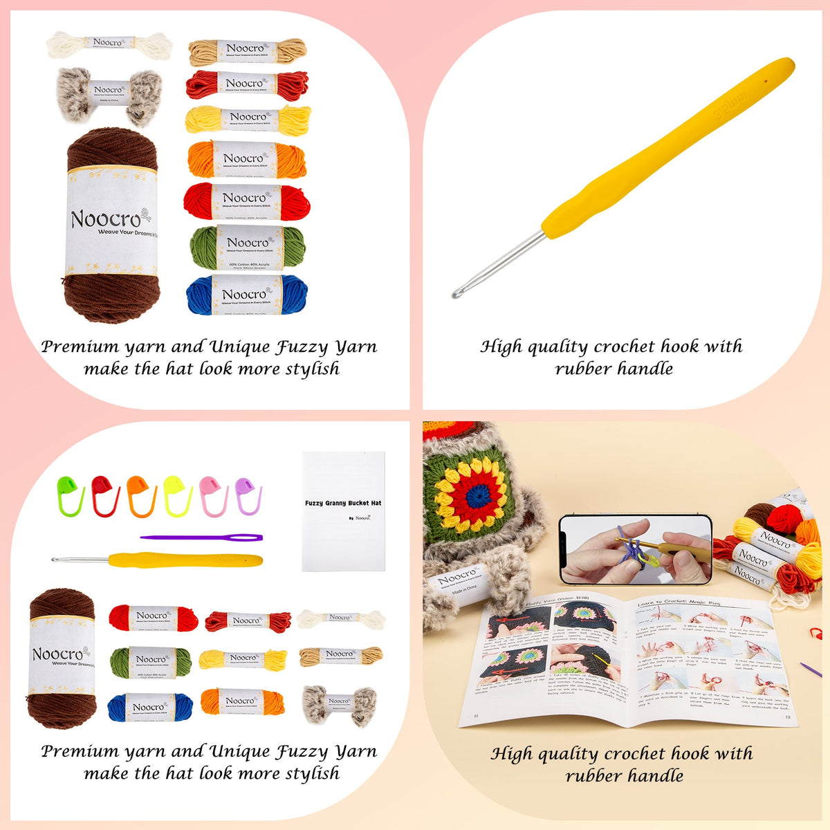 Granny square crochet kit product view 4 for Fuzzy Granny Square Bucket Hat Crochet Kit, with Woolique craft details