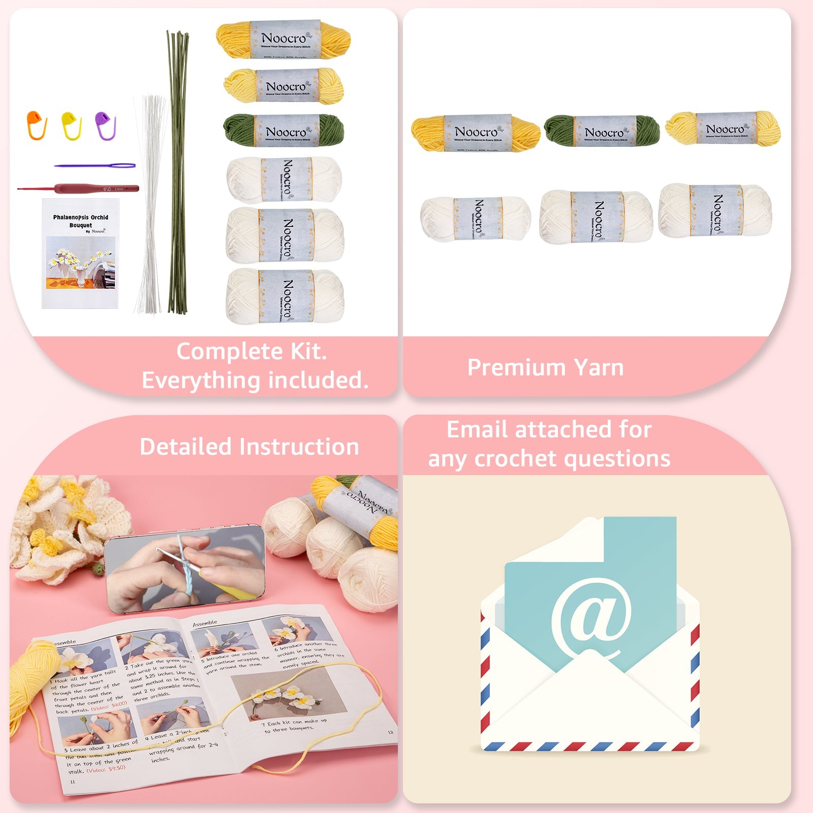 Key features of the orchid crochet kit: complete materials, premium yarn, video tutorials, and email support