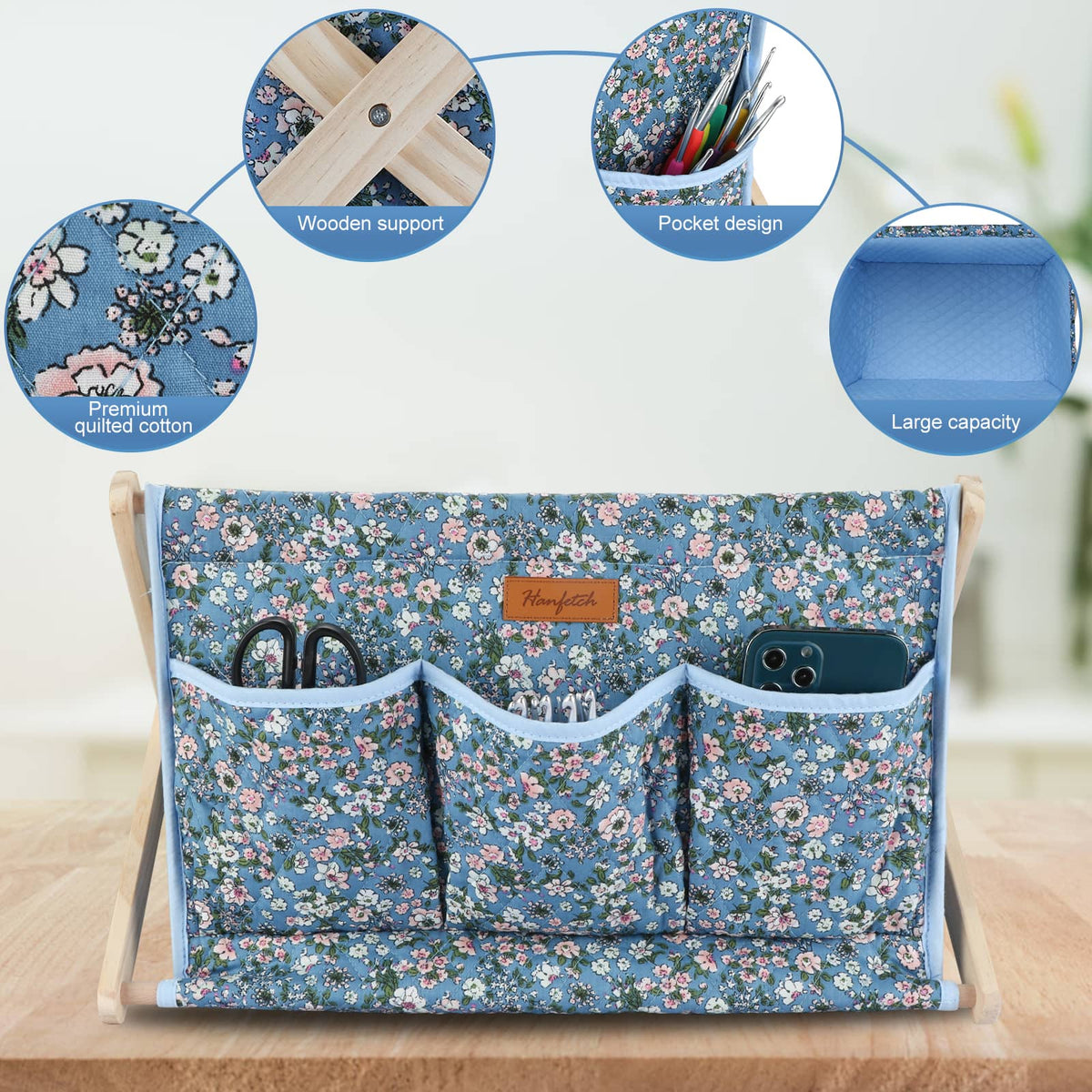 Woolique craft storage box: blue floral design, pockets holding scissors, phone & knitting essentials