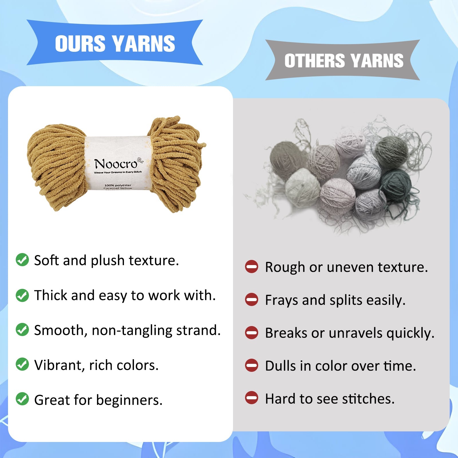 Comparison of premium soft chenille yarn in our crochet starter kit vs low-quality rough yarn