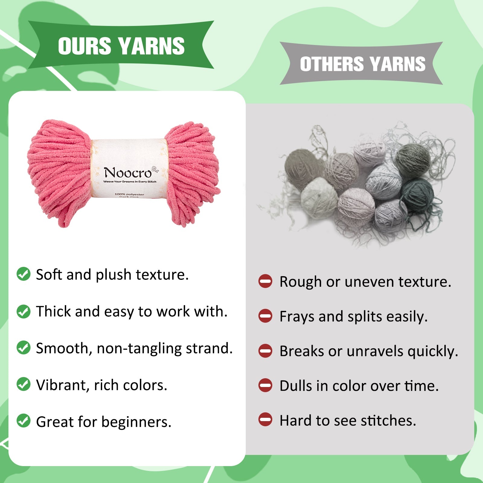 Comparison of Noocro soft plush yarn versus other rough yarn types, showing texture and quality differences