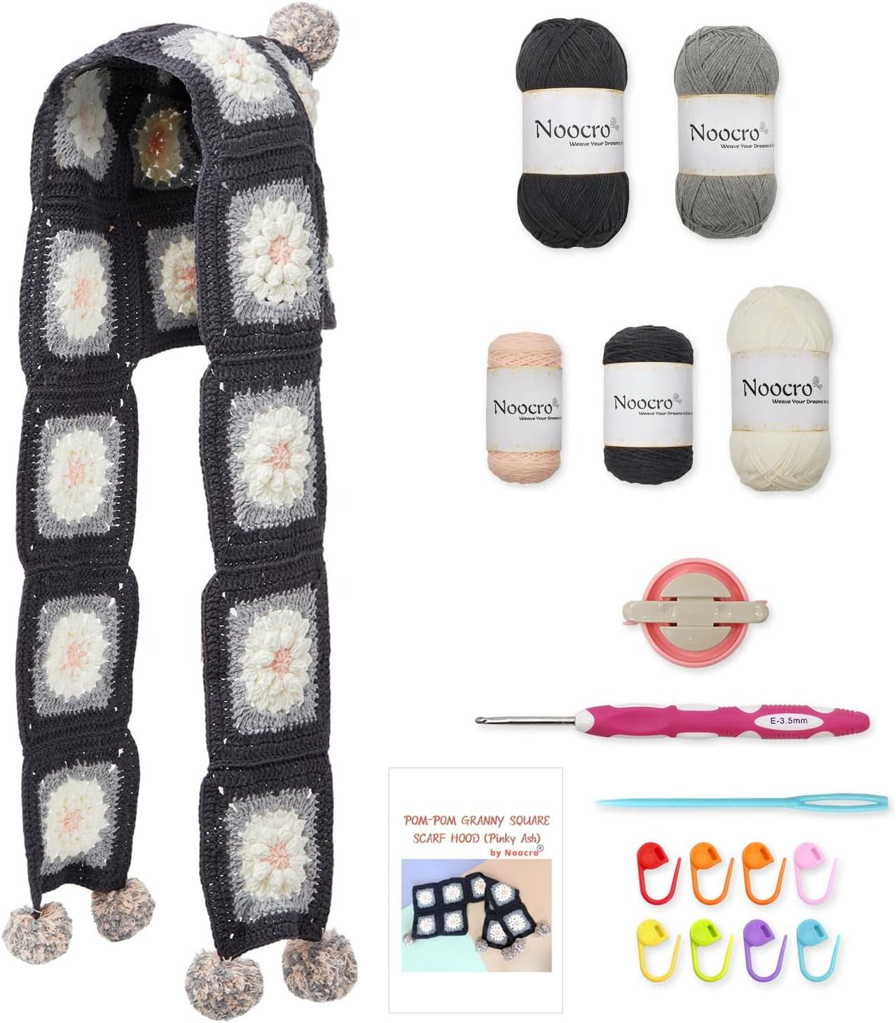 Granny square crochet kit product view 6 for Pom-Pom Granny Square Scarf Hood Crochet Kit, with Woolique craft details