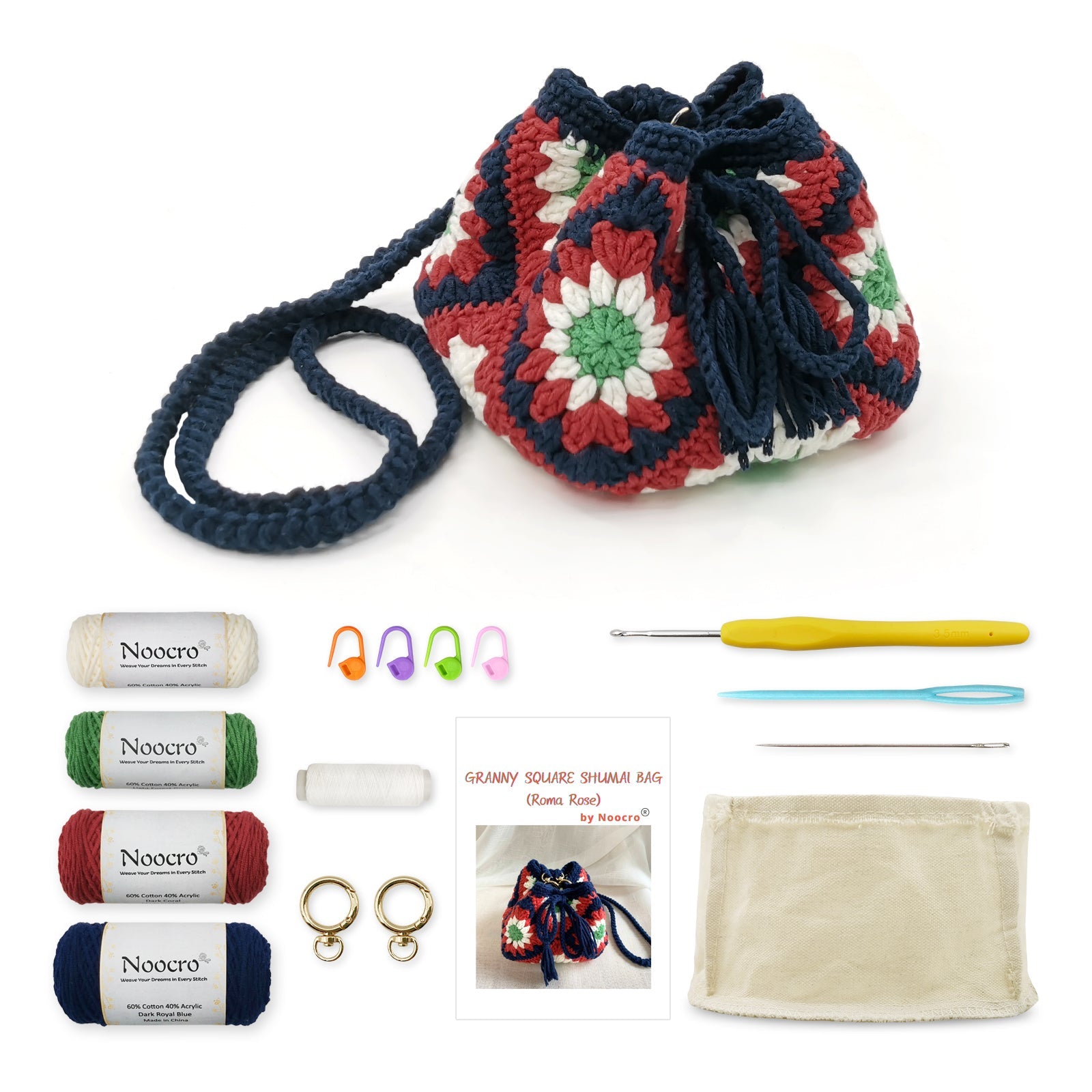 Granny square crochet kit product view 3 for Sunflower Granny Square Crochet Bag Kit, with Woolique craft details