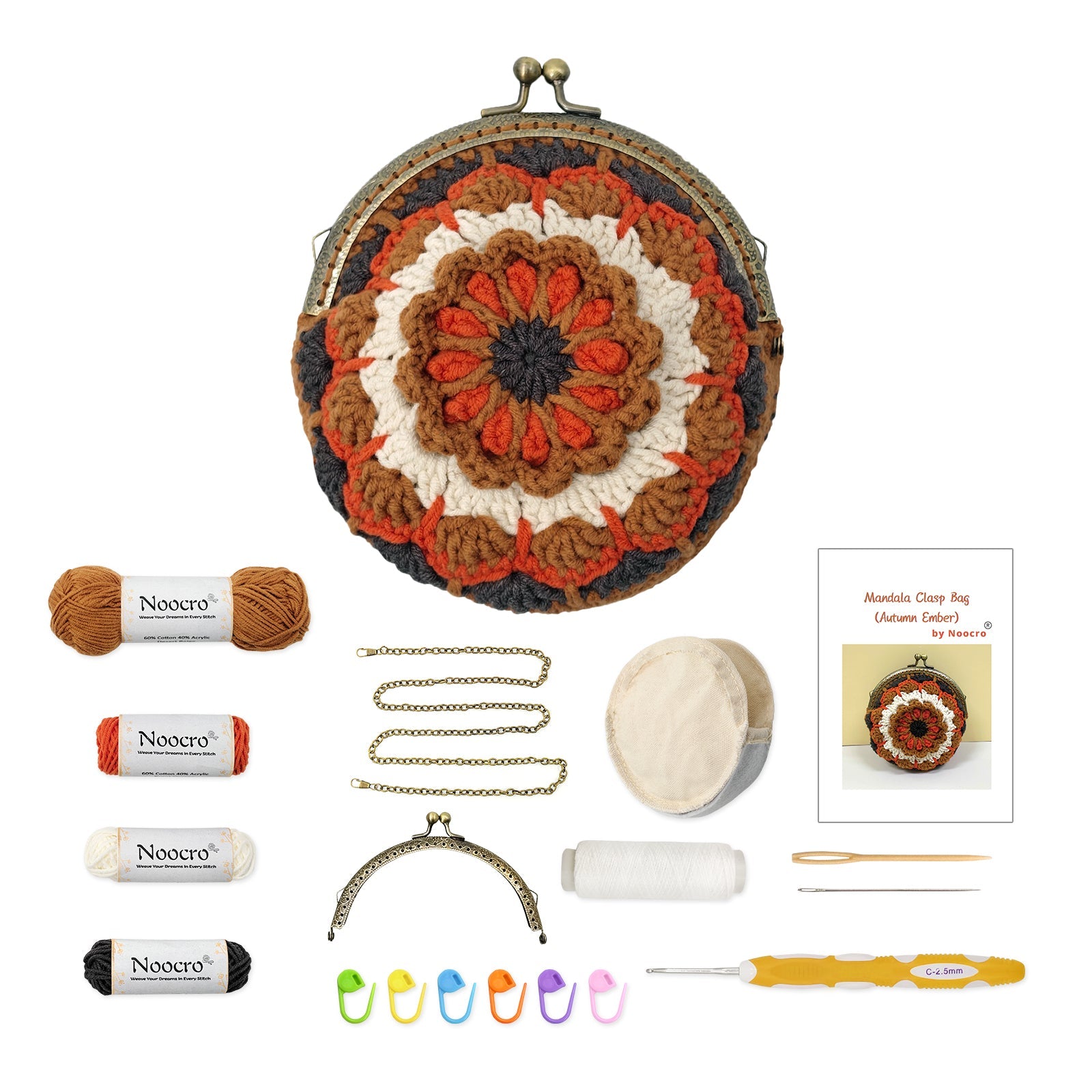 DIY crochet kit for 'Autumn Ember' Mandala coin purse in brown and orange, including metal kiss clasp, yarn, chain, and tools