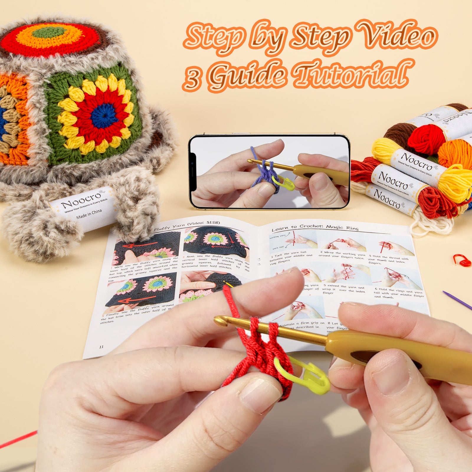 Granny square crochet kit product view 5 for Fuzzy Granny Square Bucket Hat Crochet Kit, with Woolique craft details