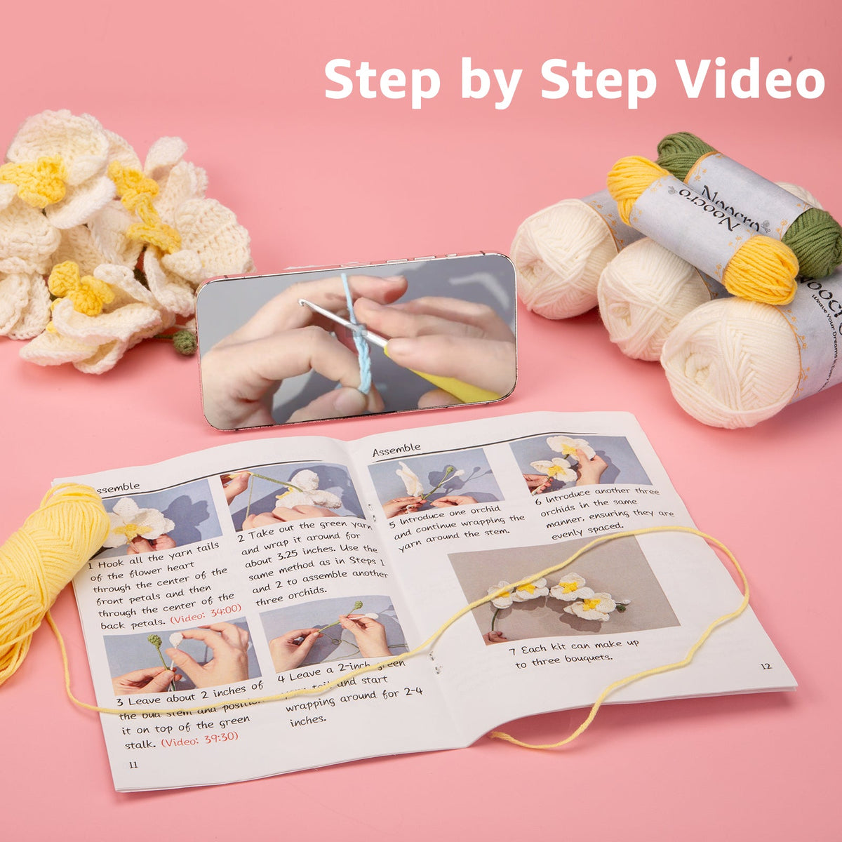 Orchid crochet kit instructions: step-by-step video tutorials on phone and printed pattern booklet