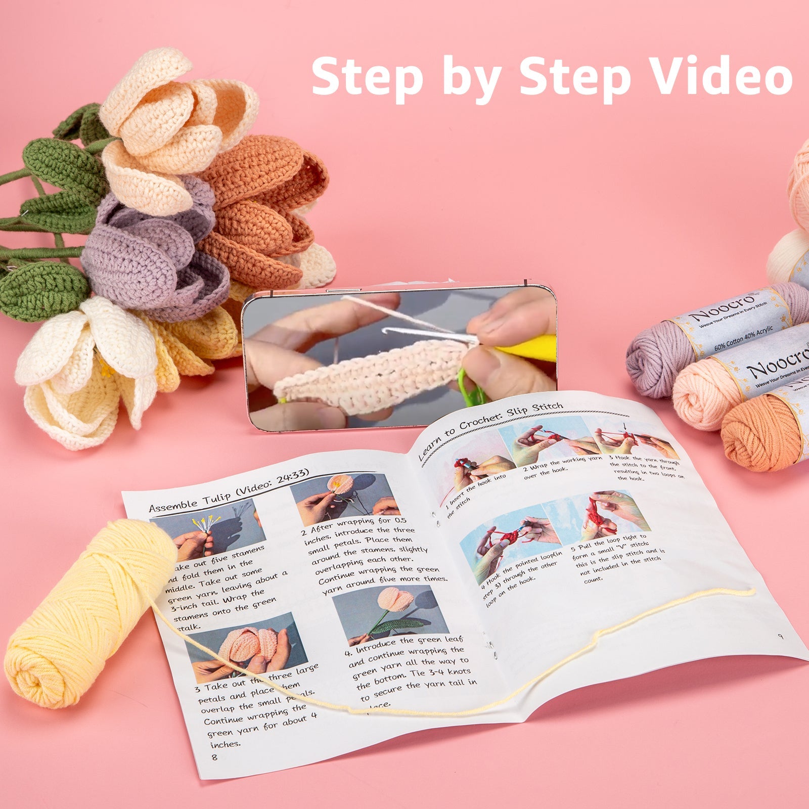 Flower crochet kit product view 5 for Tulip Bouquet Crochet Kit, with Woolique craft details