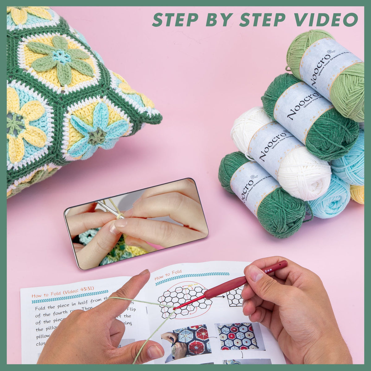 Granny square crochet kit product view 5 for Granny Square Crochet Pillow Kit, with Woolique craft details