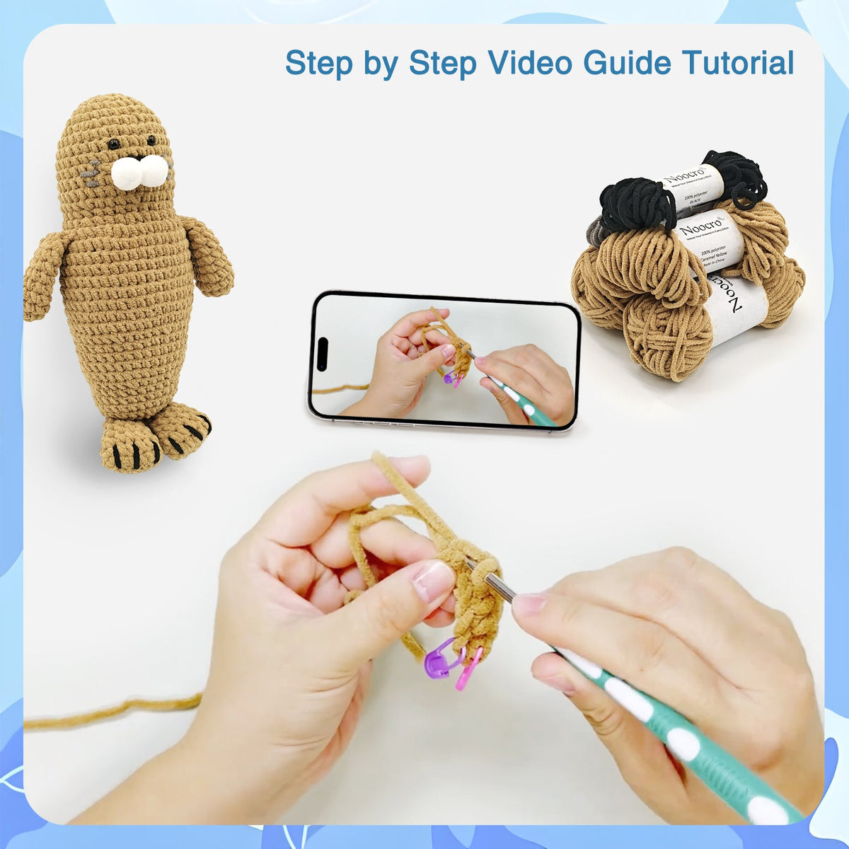 Step-by-step video guide tutorial included in the Hugging Seal crochet starter kit