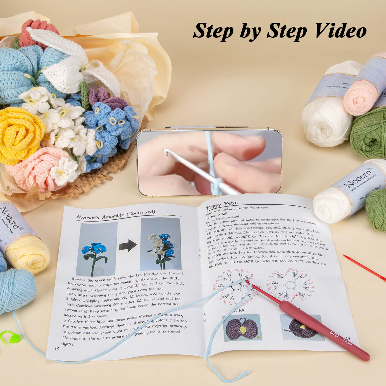 Flower crochet kit product view 5 for Flower Bouquet Crochet Kit, with Woolique craft details