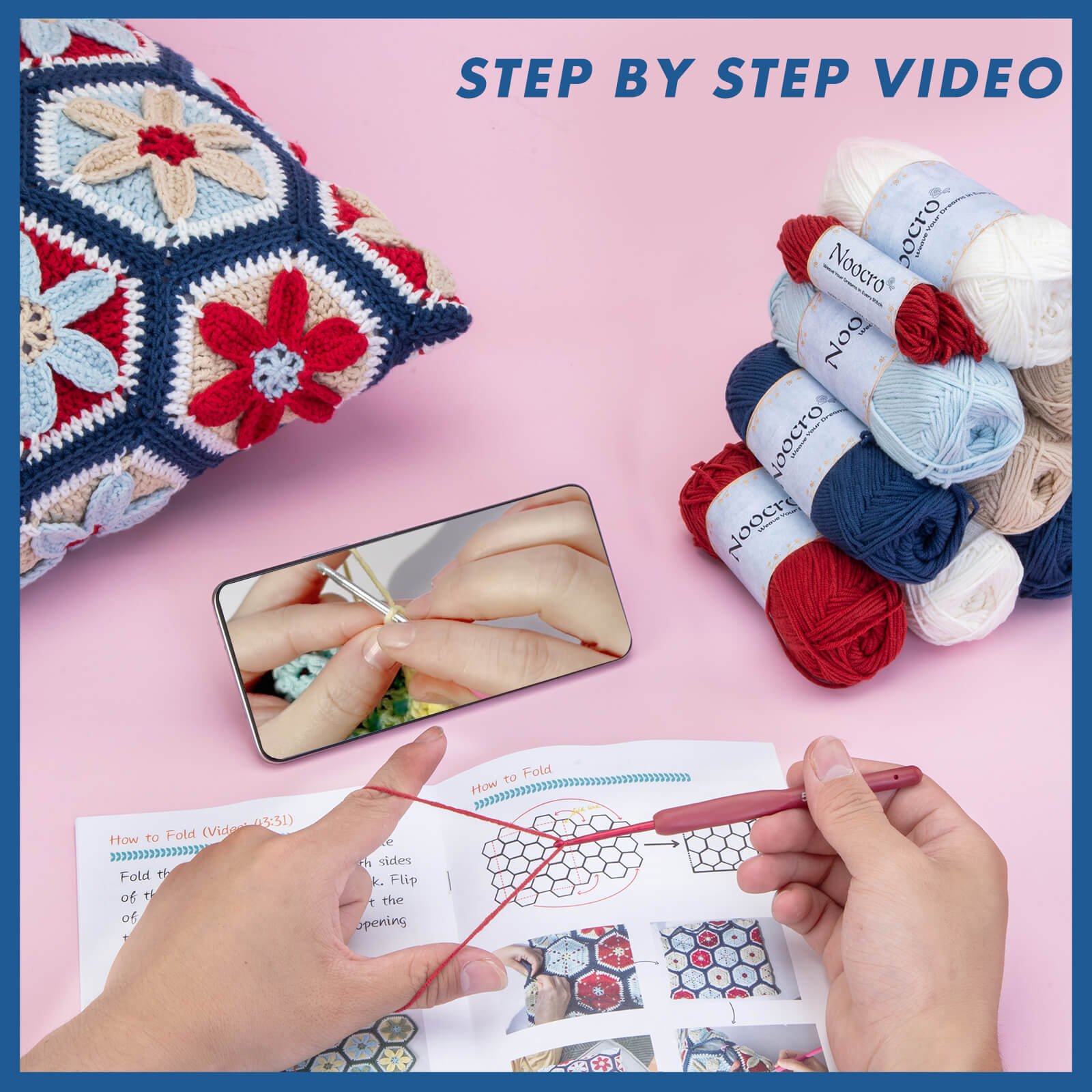 Granny square crochet kit product view 5 for Granny Square Crochet Pillow Kit, with Woolique craft details