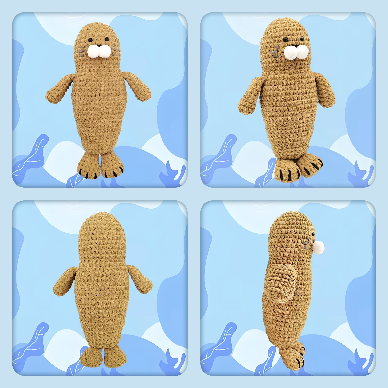 Front, back, and side views of the finished Hugging Seal crochet sea animal plushie