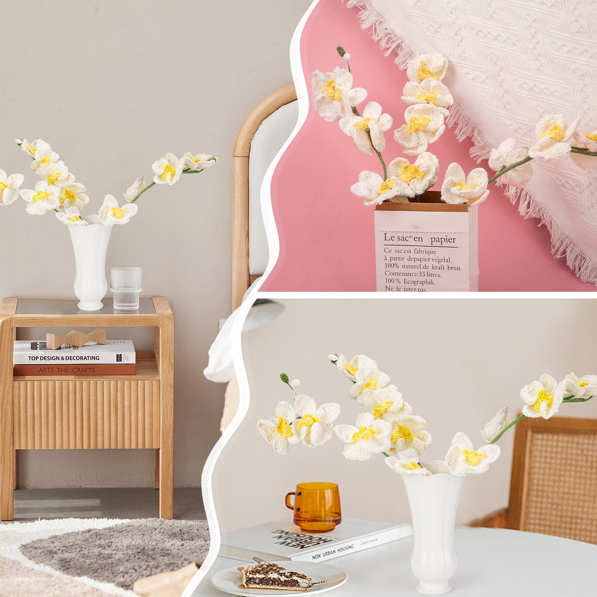 Lifestyle shots of finished crochet orchid flower bouquet as home decor on bedside table and dining area