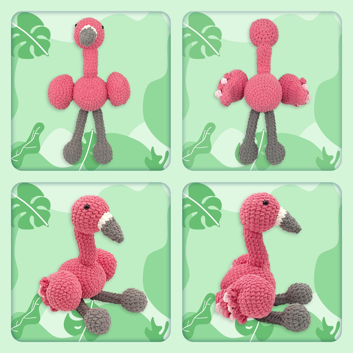 Multiple views of the finished pink flamingo amigurumi plush made from the crochet kit