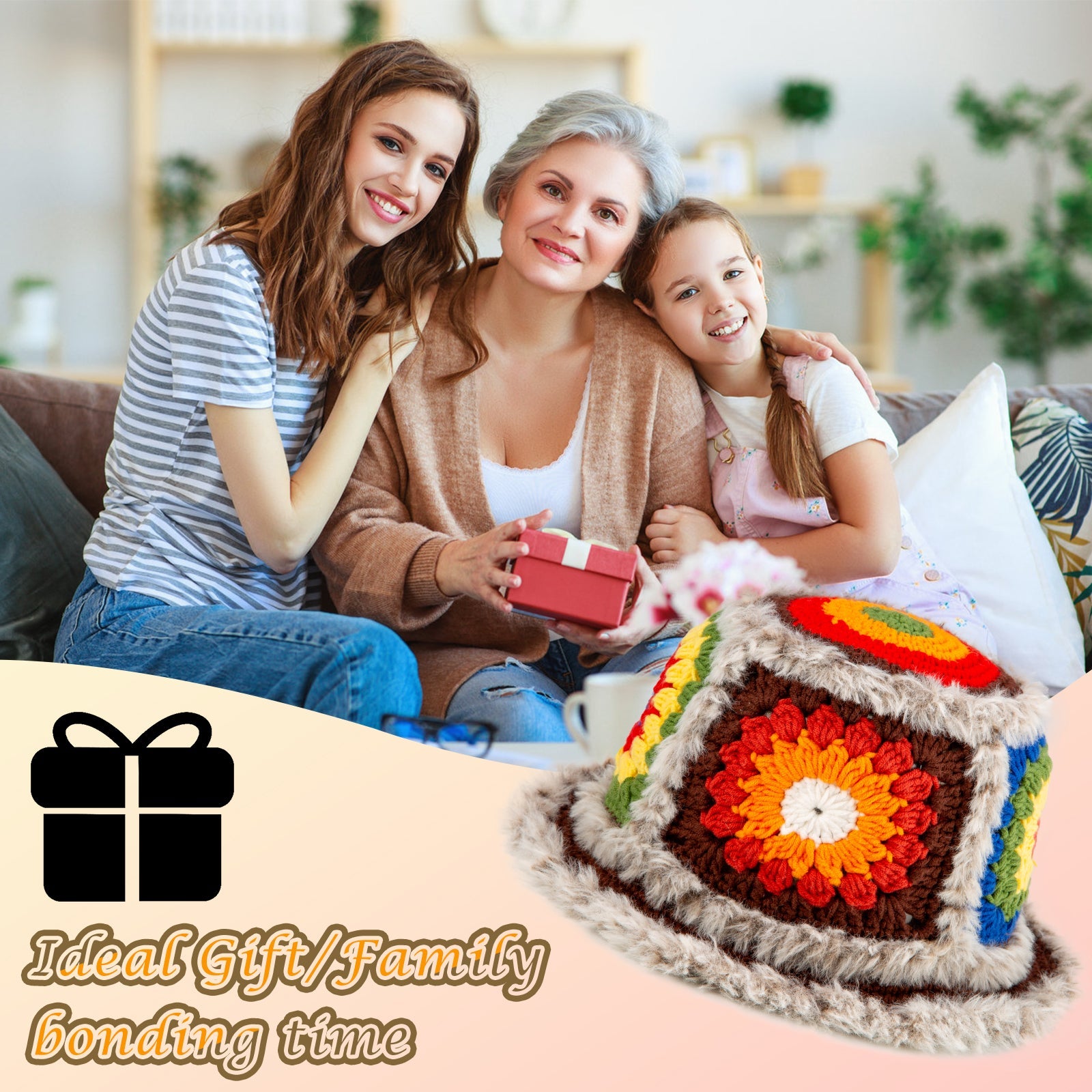 Granny square crochet kit product view 7 for Fuzzy Granny Square Bucket Hat Crochet Kit, with Woolique craft details