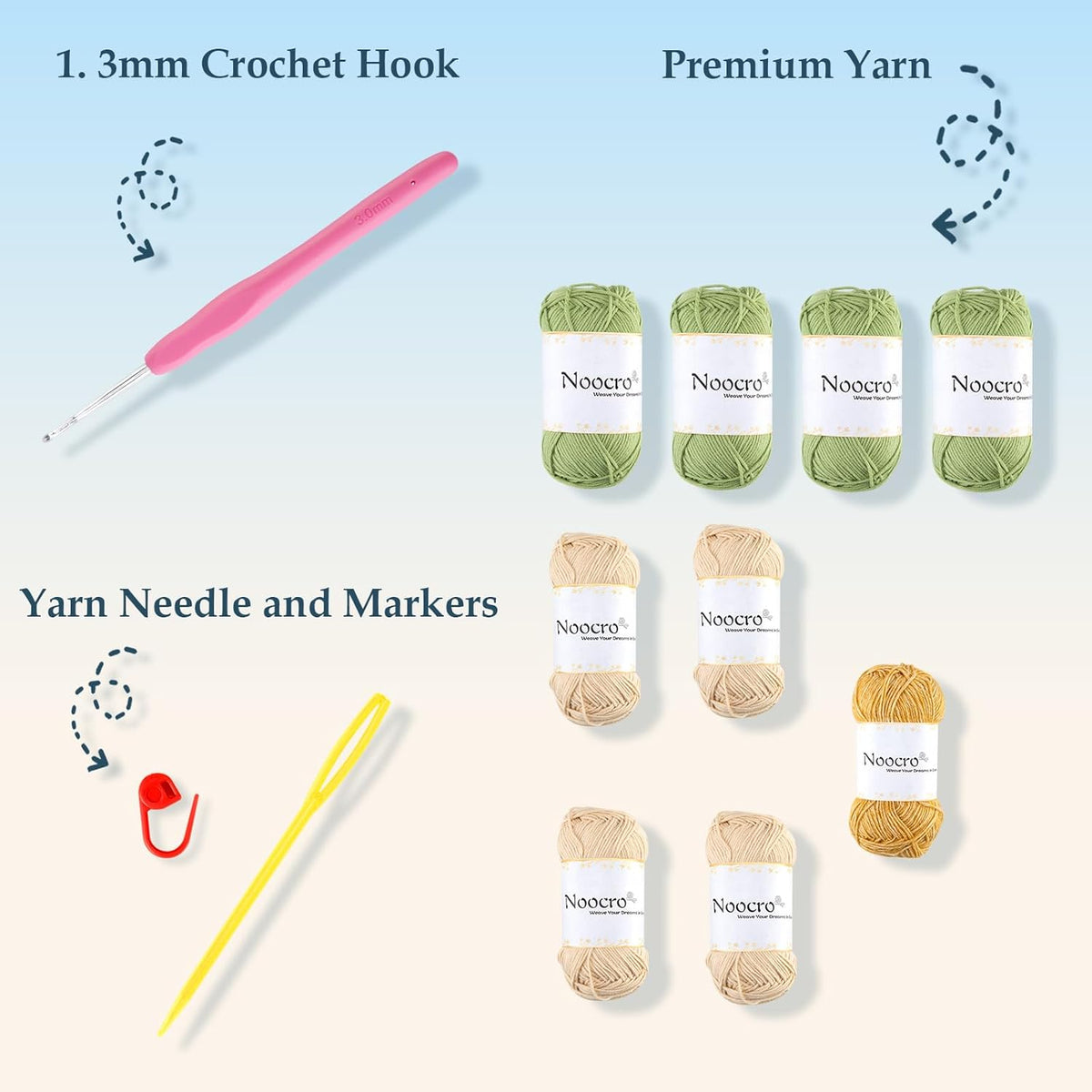 Detailed list of crochet kit materials: 3mm crochet hook, premium yarn skeins, needle, and stitch marker