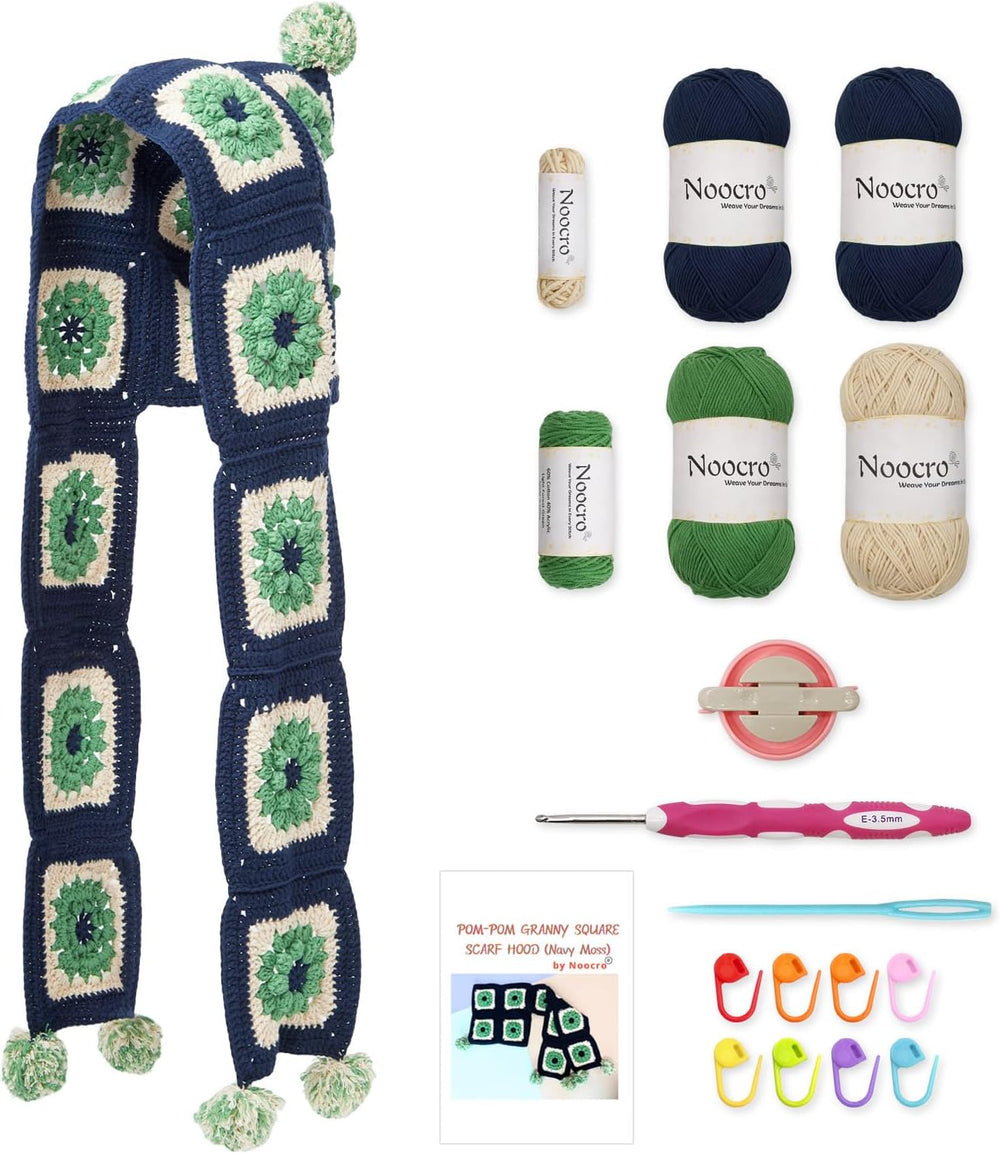 Pom-Pom Granny Square Scarf Hood Crochet Kit