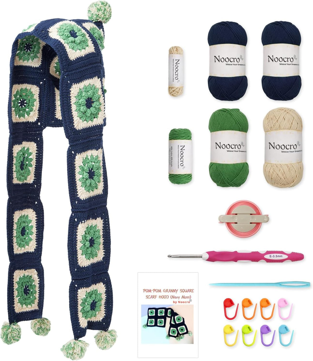 Pom-Pom Granny Square Scarf Hood Crochet Kit