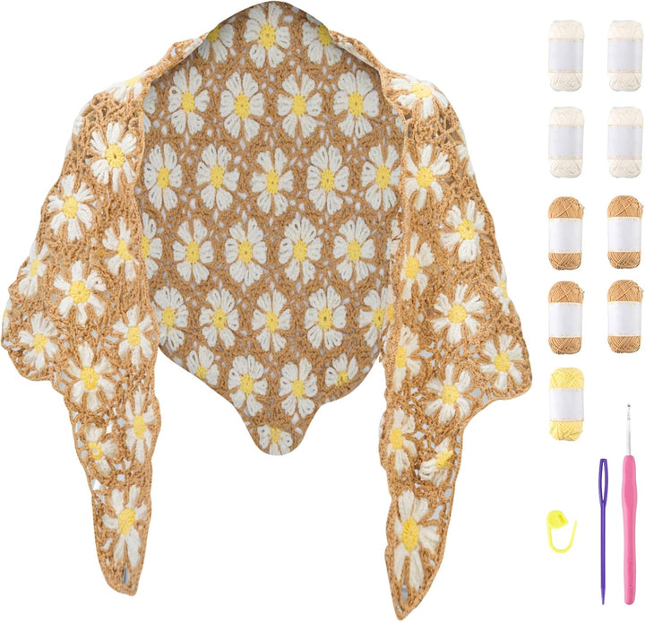 Woolique Studio Floral Daisy Crochet Shawl Kit - DIY Wearable Wrap for Intermediate Makers, Video Tutorials