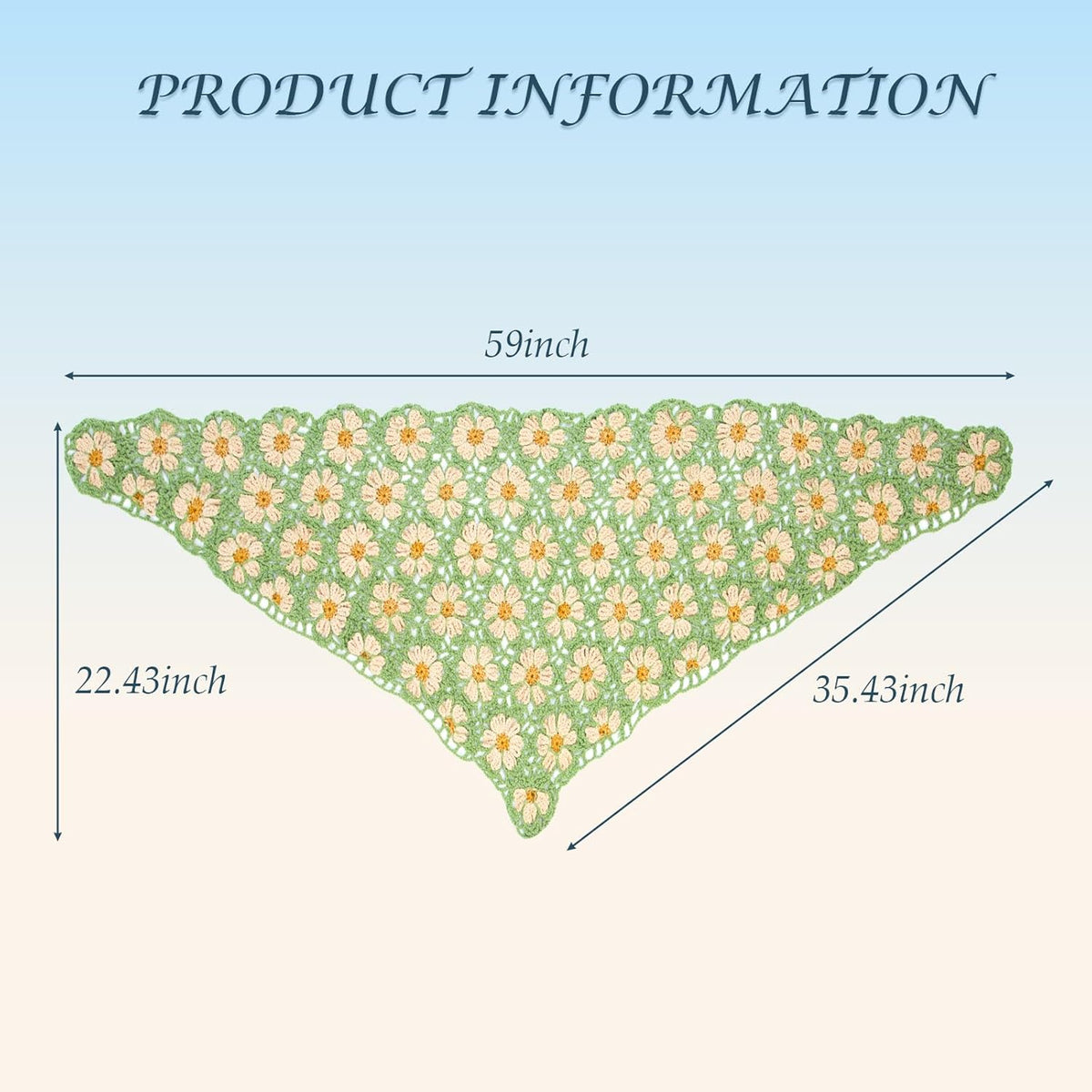 Size chart for triangle crochet shawl: 59 inches wide, 22.43 inches deep, and 35.43 inches on the side