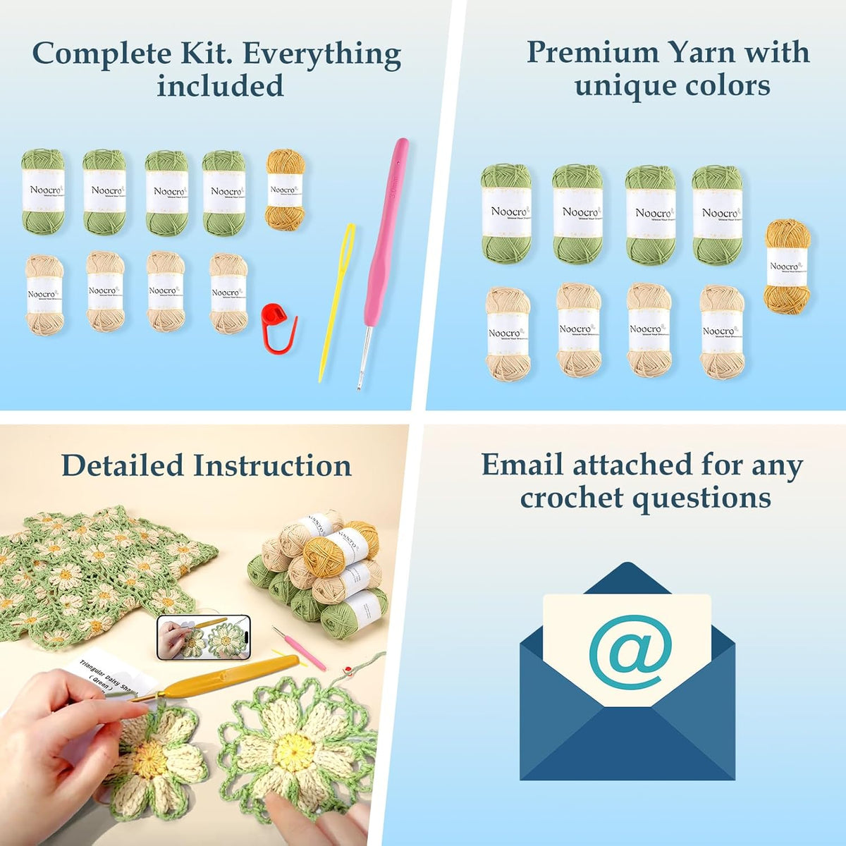 Four key features of the crochet shawl kit: complete materials, premium yarn, detailed instructions, and email support