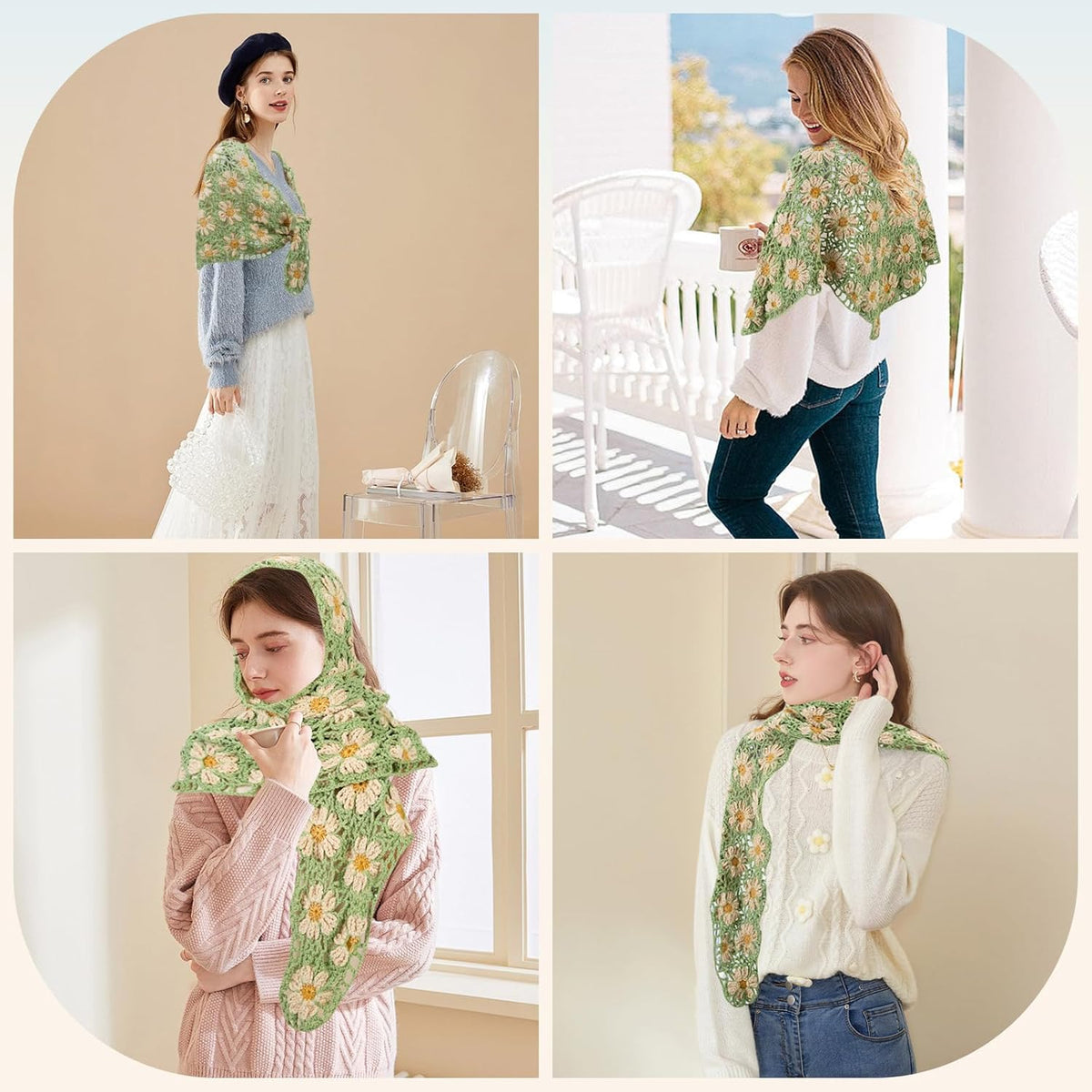 Collage showing different ways to wear the green daisy crochet shawl: as a headscarf, neck scarf, and shoulder wrap