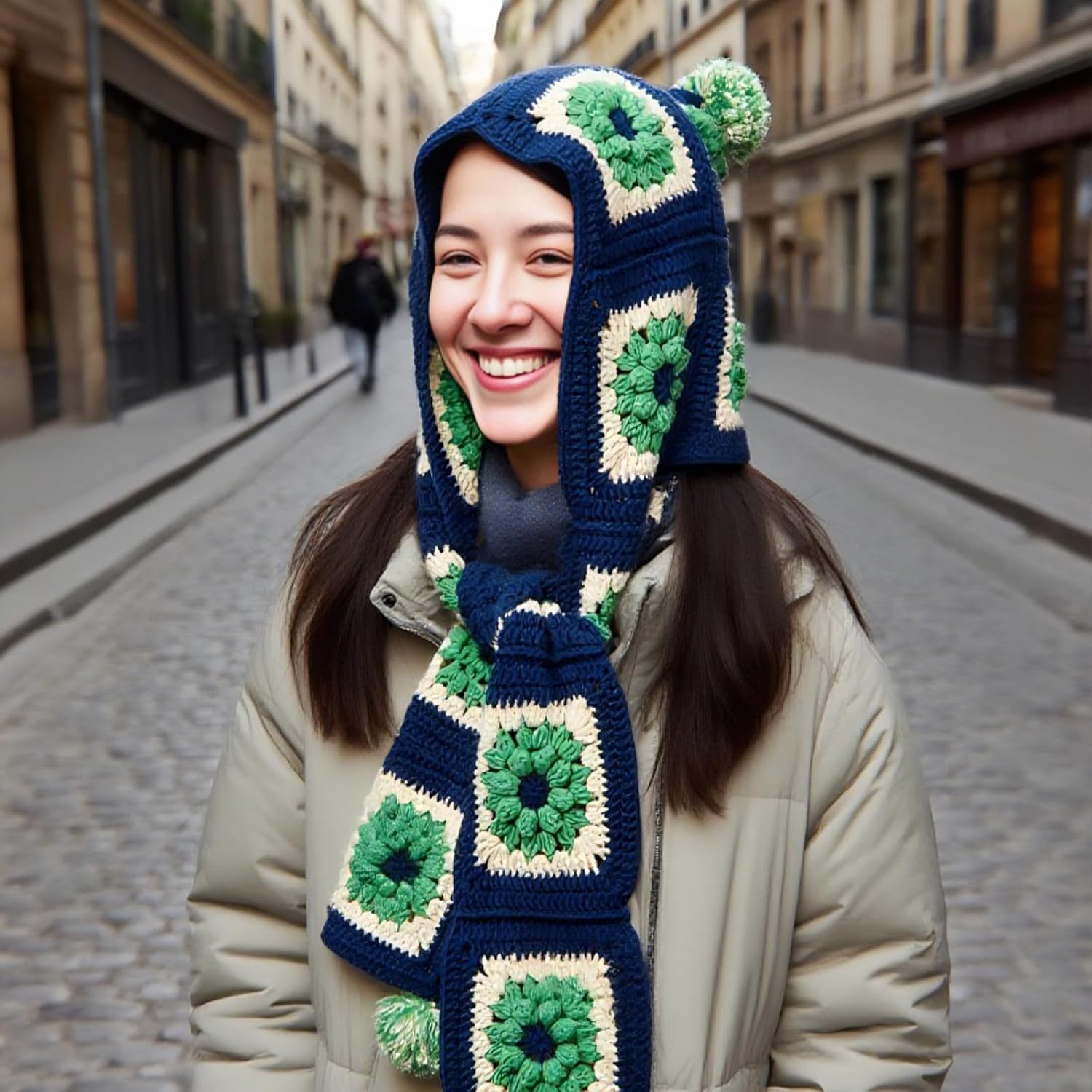Granny square crochet kit product view 8 for Pom-Pom Granny Square Scarf Hood Crochet Kit, with Woolique craft details