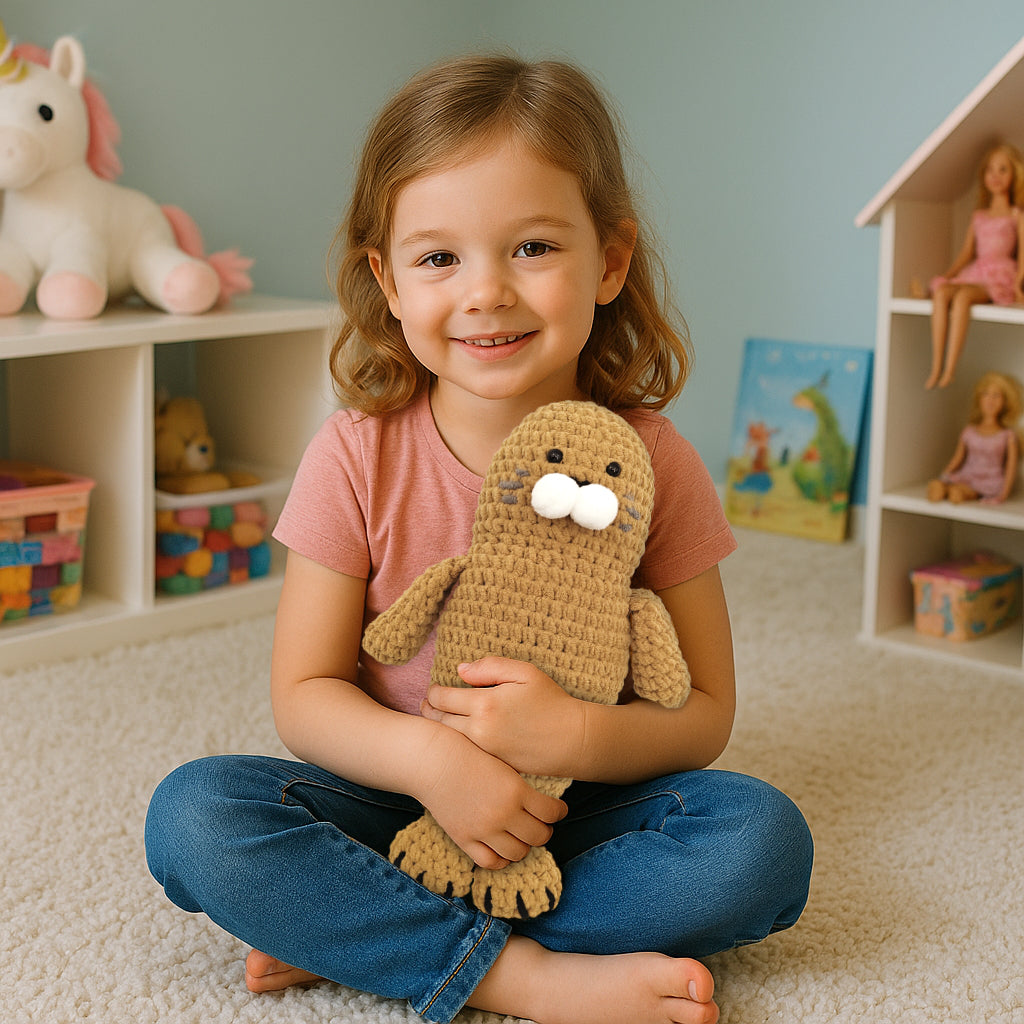 Happy girl hugging the finished Hugging Seal crochet sea animal plushie