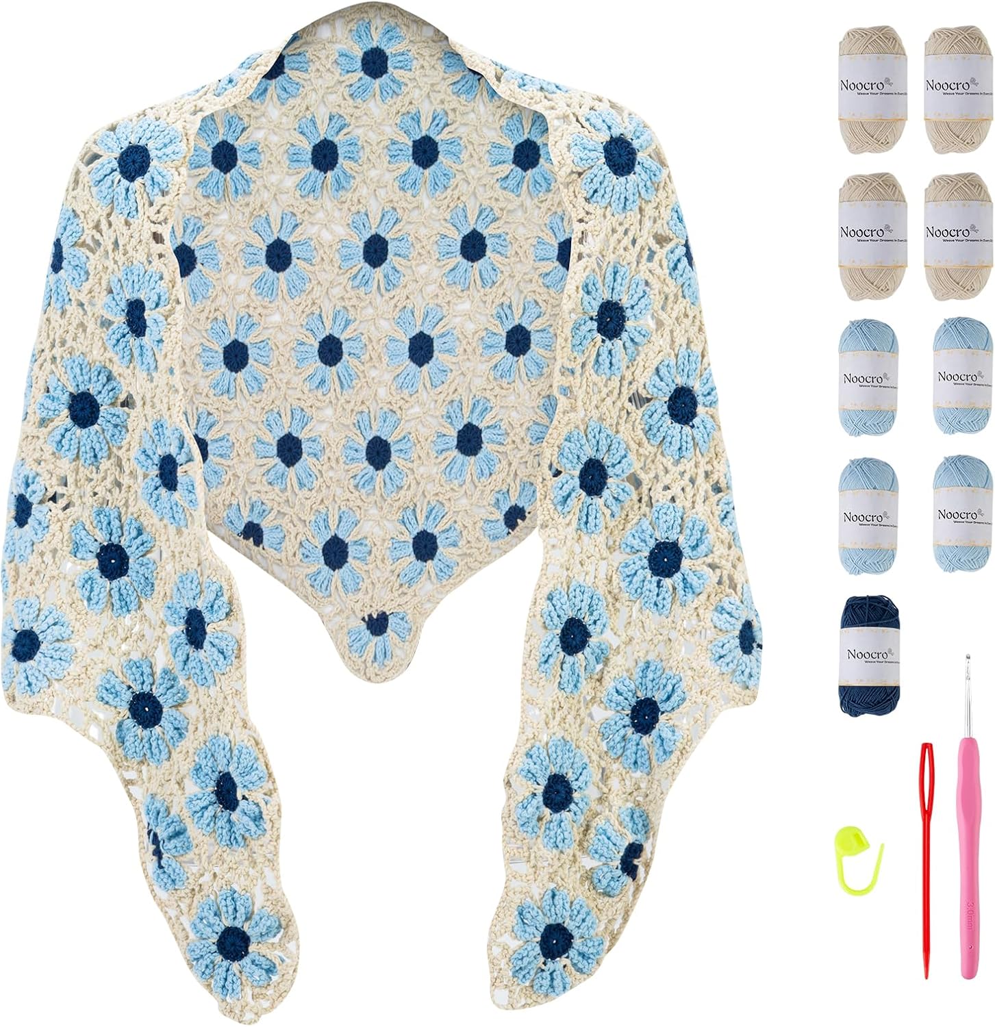 DIY crochet kit for blue floral daisy shawl, including blue and white yarn, hook, and instructions