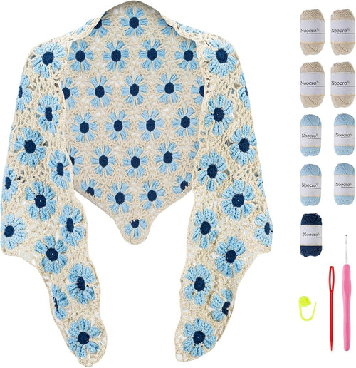 DIY crochet kit for blue floral daisy shawl, including blue and white yarn, hook, and instructions