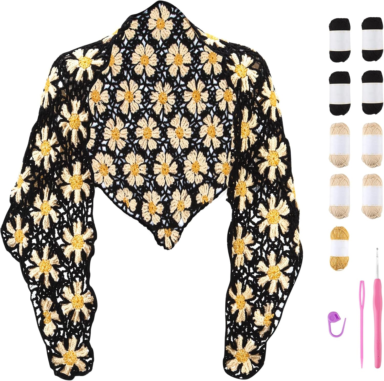 Complete crochet kit for black and beige daisy shawl, showing finished lace wrap and materials