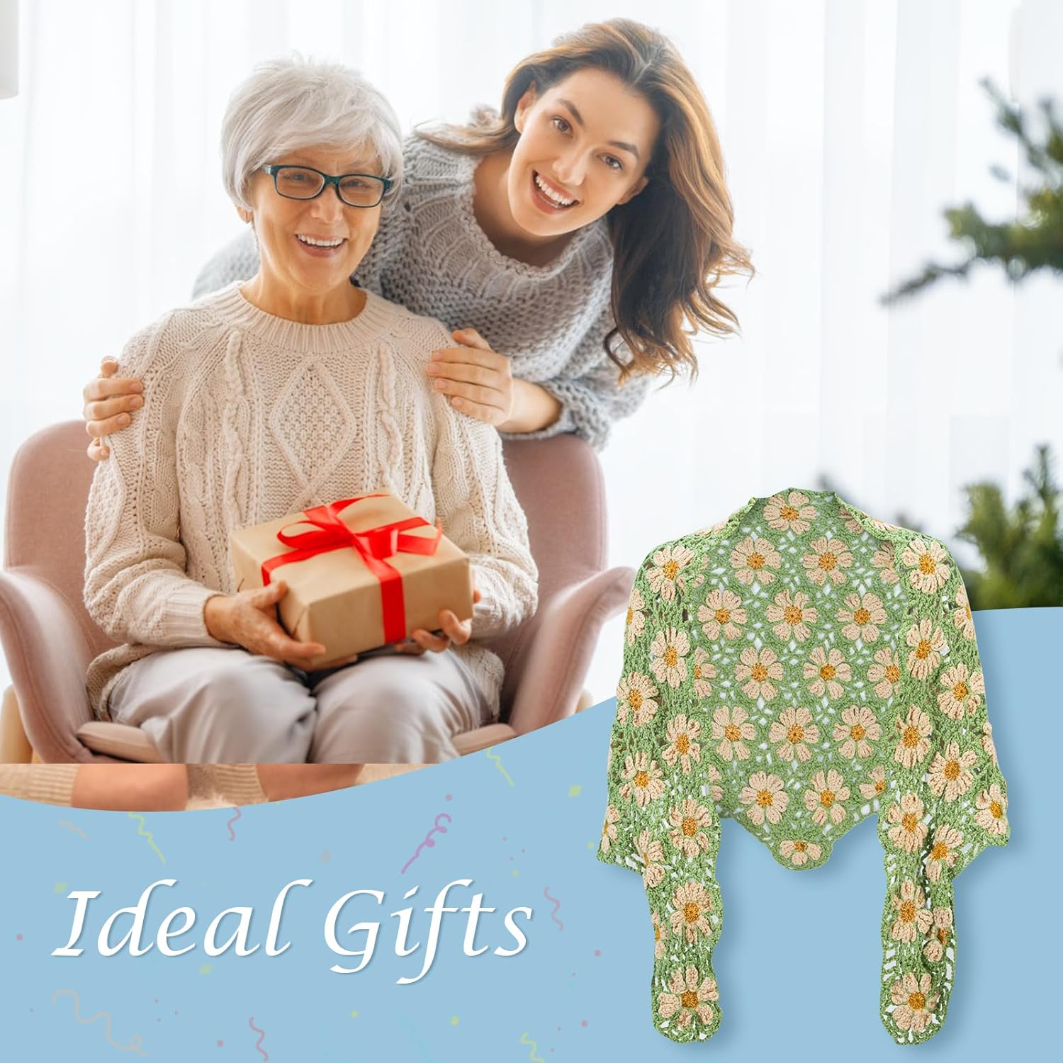 Green daisy crochet shawl kit shown as an ideal handmade gift for grandma or mom