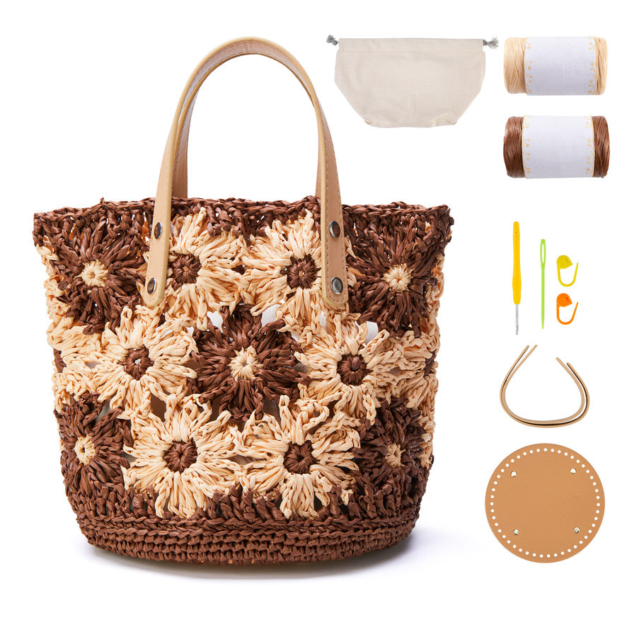 Crochet purse kit product view 3 for Floral Raffia Bucket Bag Crochet Kit, with Woolique craft details