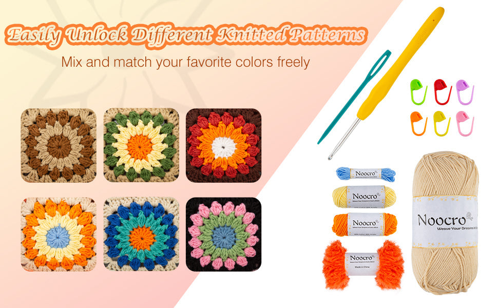 Variety of colorful granny square crochet patterns including sunflower, pink, and earth tones with kit tools