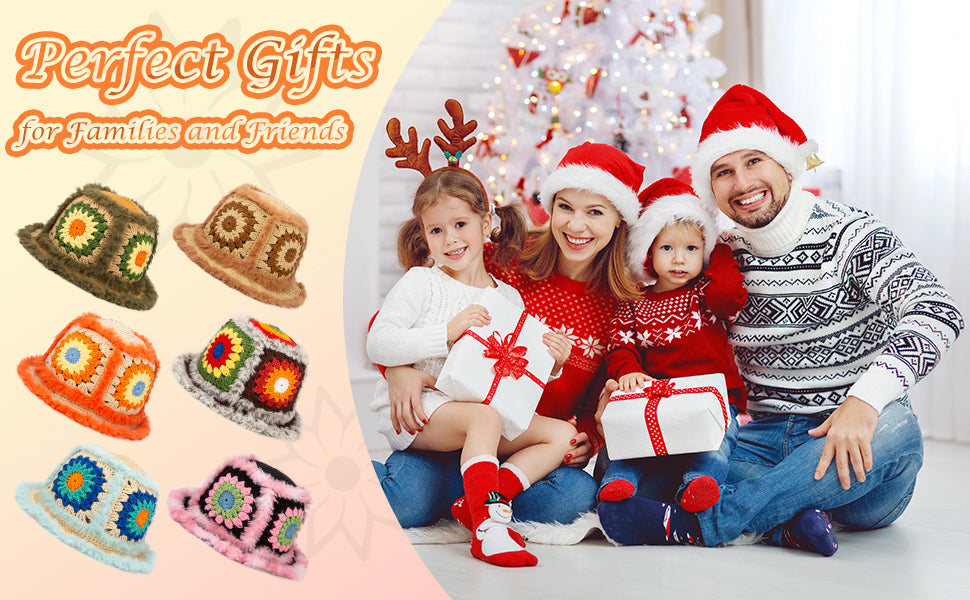 Fuzzy granny square bucket hat crochet kits shown as perfect Christmas gifts for family and friends