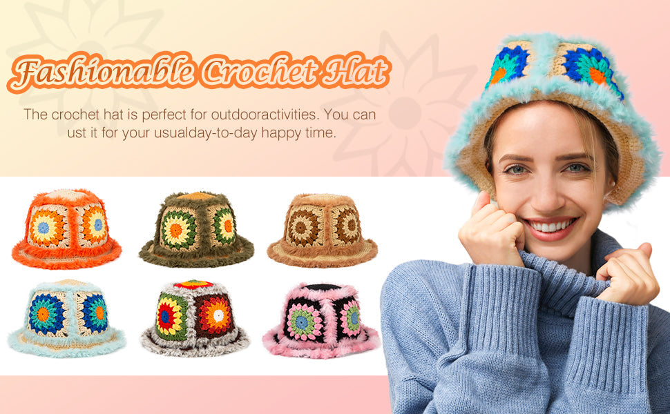 Model wearing a fashionable mint green fuzzy granny square bucket hat, with display of six color options