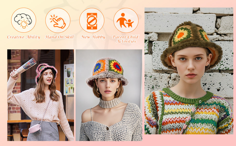 Models wearing pink, grey, and olive fuzzy granny square bucket hats, highlighting the crochet kit as a creative new hobby and parent-child activity