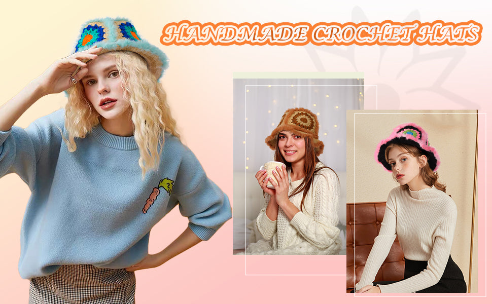 Models wearing handmade fuzzy granny square crochet bucket hats in mint, brown, and pink