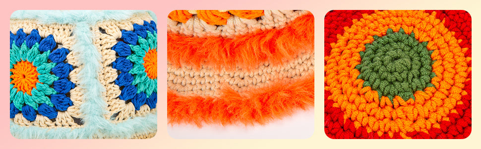 Granny square crochet kit product photo for Fuzzy Granny Square Bucket Hat Crochet Kit, with Woolique craft details