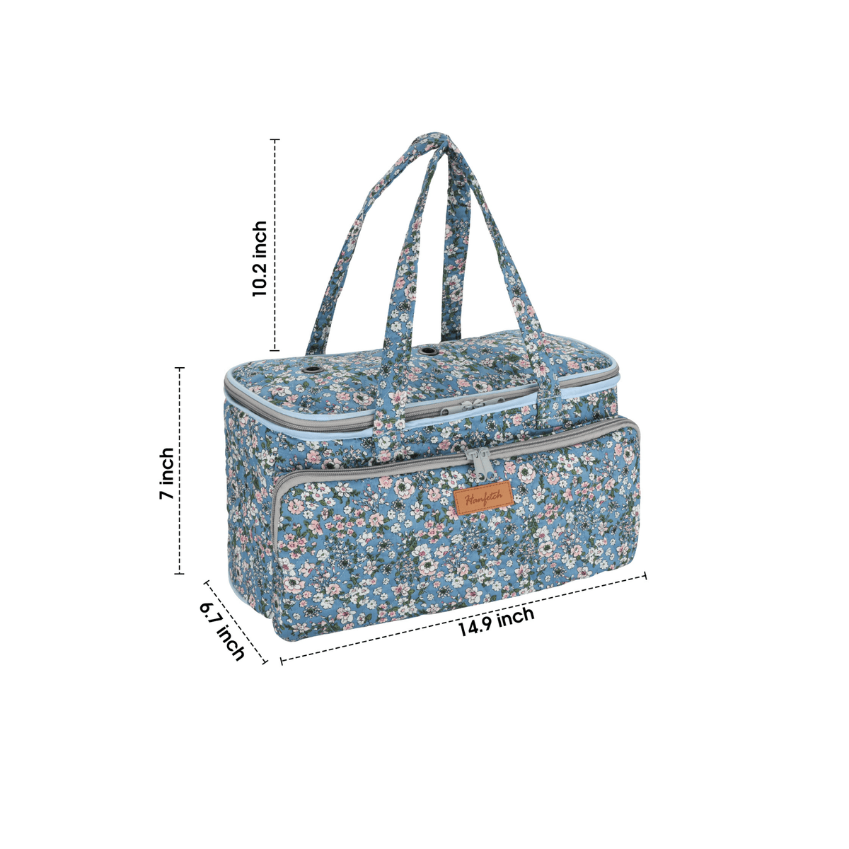 Blue floral knitting project bag showing size measurements