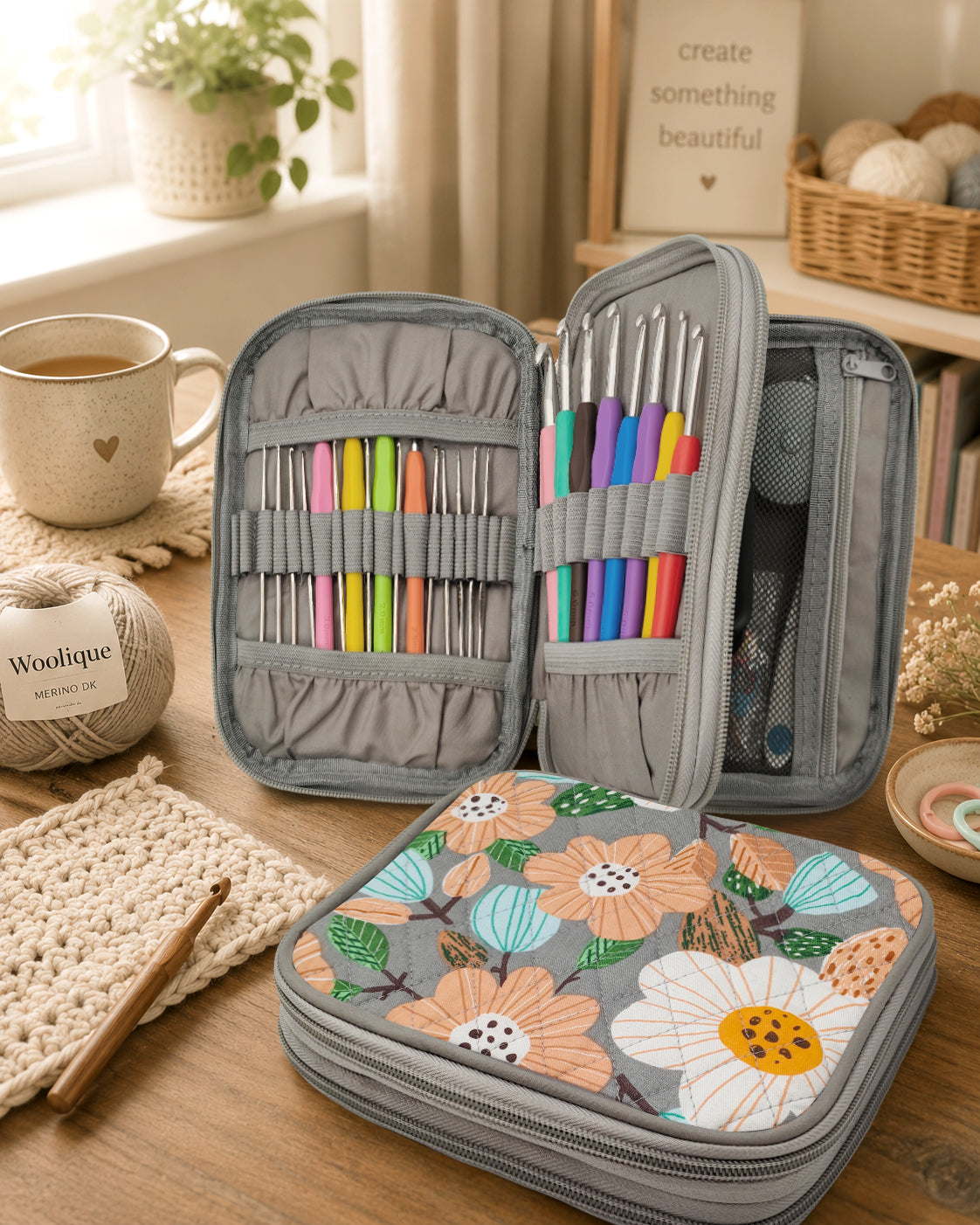 Woolique Studio Crochet Hook Case - Portable Crochet Tool Organizer for Yarn Projects