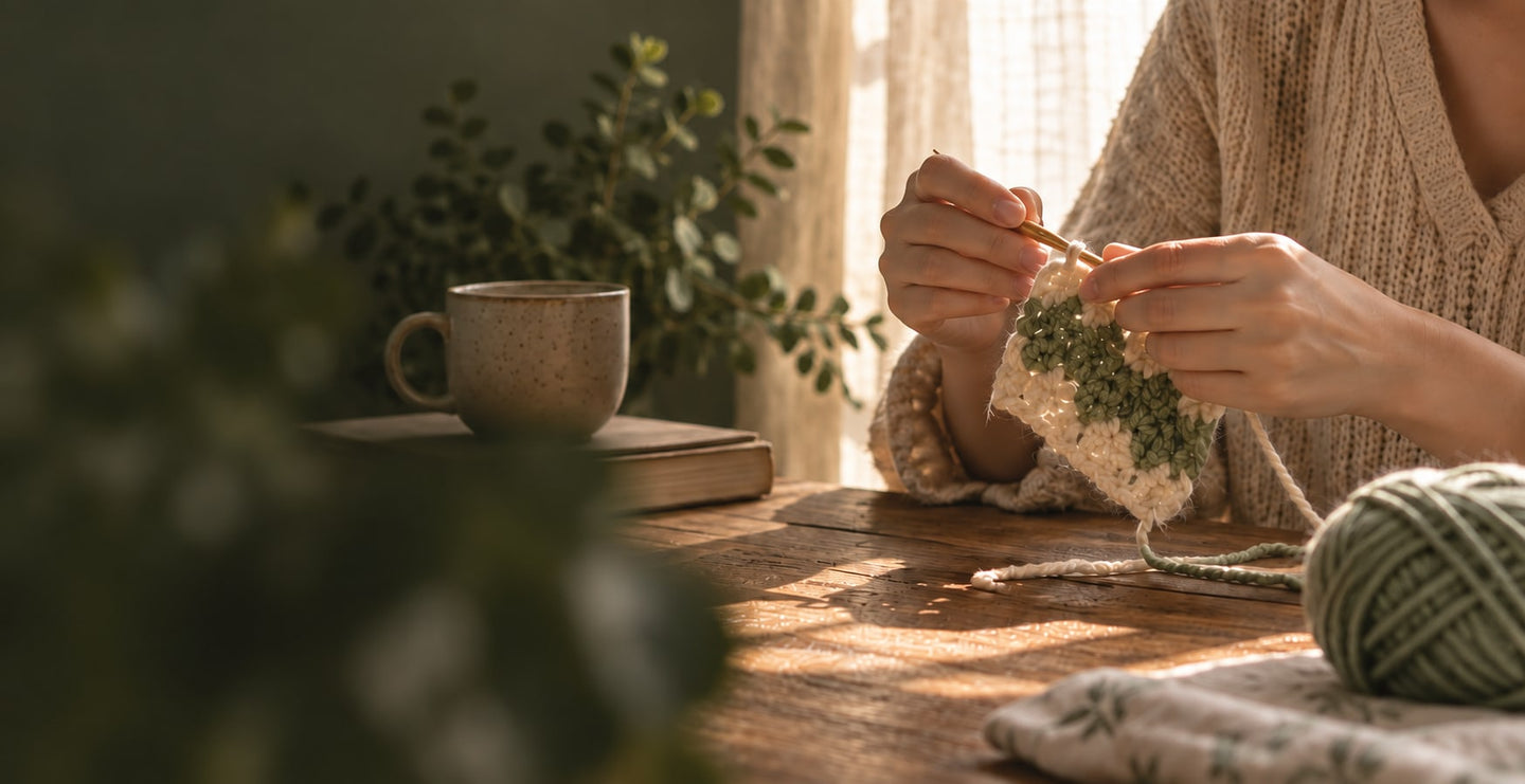 Hands crocheting a cream and sage square beside a sunlit window