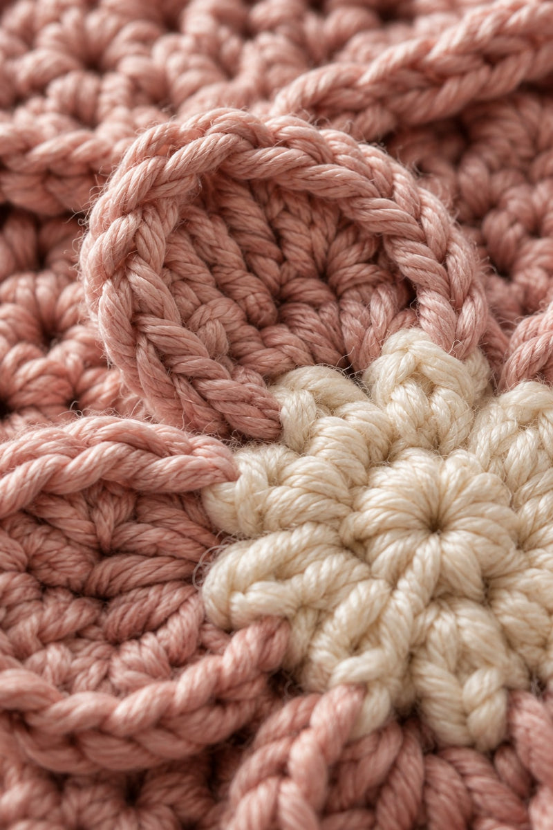 Close-up of blush and cream crochet flower stitches